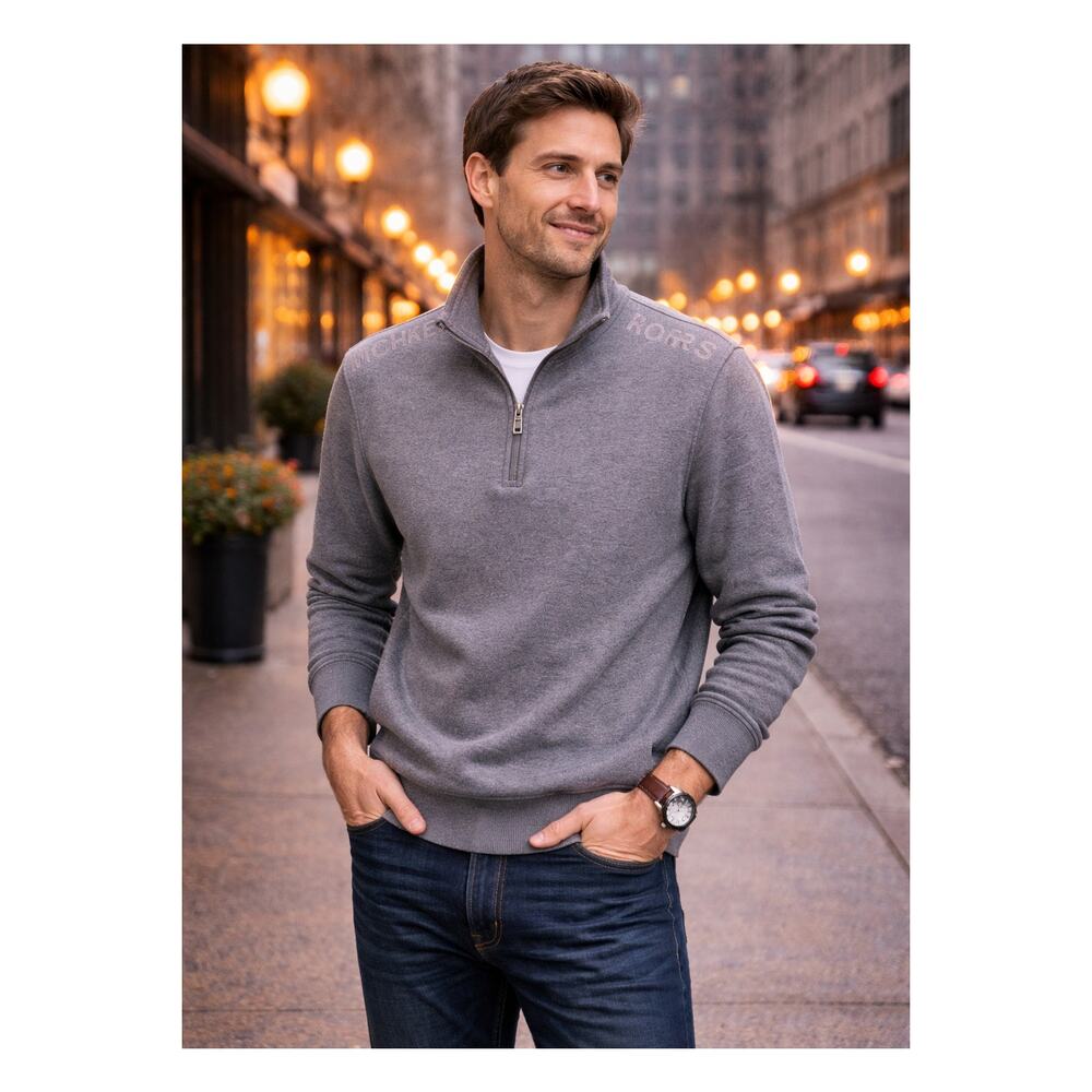 Michael Kors Mens 1/4 Zip Shoulder Spellout Gray Sweatshirt Size L